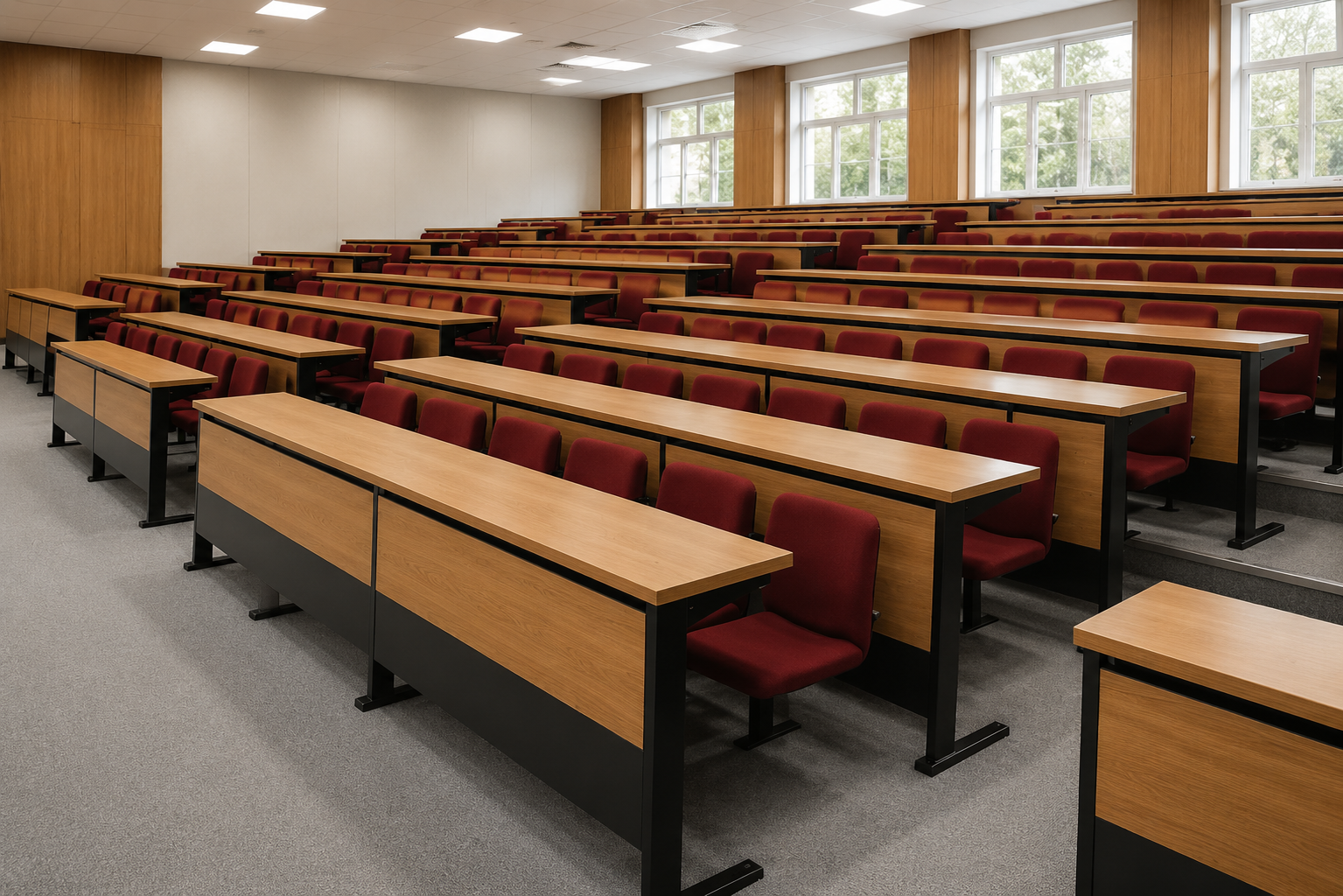 Fixed Row Seating with Under-Table Storage (Wood Panel) — Lecture Hall Furniture, Zumax