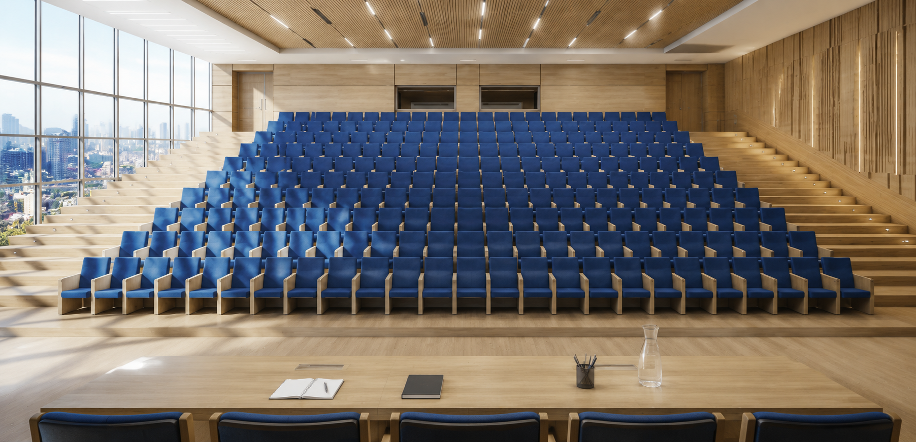 Upholstered Fixed Seat with Wooden Side Panels (Blue) — Auditorium Furniture, Zumax